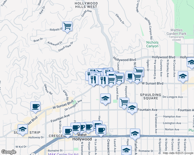 map of restaurants, bars, coffee shops, grocery stores, and more near 8221 Monteel Road in Los Angeles