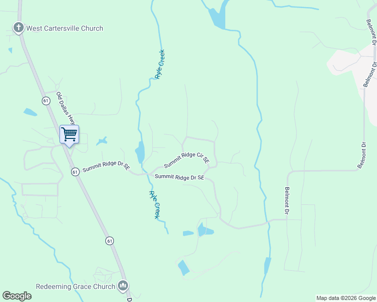 map of restaurants, bars, coffee shops, grocery stores, and more near 20 Sweet Eloise Lane Southeast in Cartersville