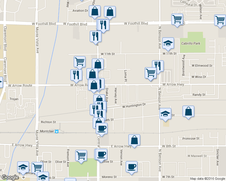 map of restaurants, bars, coffee shops, grocery stores, and more near 451 Hervey Avenue in Upland