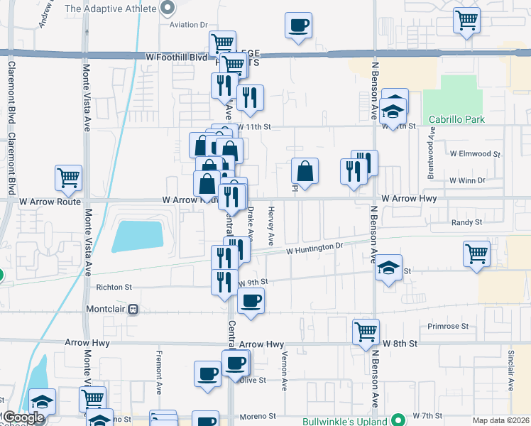 map of restaurants, bars, coffee shops, grocery stores, and more near 1870 West Arrow Route in Upland