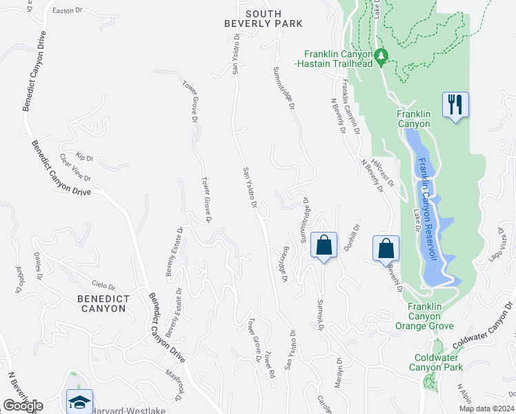 map of restaurants, bars, coffee shops, grocery stores, and more near 1514 San Ysidro Drive in Beverly Hills