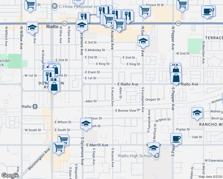 map of restaurants, bars, coffee shops, grocery stores, and more near 103 South Acacia Avenue in Rialto