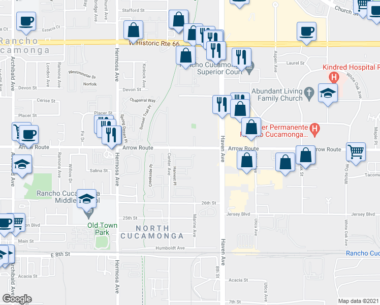 map of restaurants, bars, coffee shops, grocery stores, and more near 10300 Arrow Route in Rancho Cucamonga