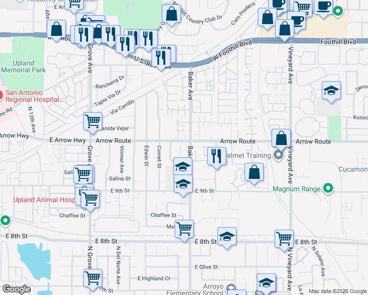 map of restaurants, bars, coffee shops, grocery stores, and more near 8480 Carson Pl in Rancho Cucamonga