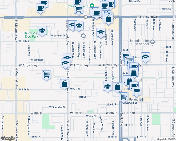map of restaurants, bars, coffee shops, grocery stores, and more near 500 West Arrow Highway in Upland