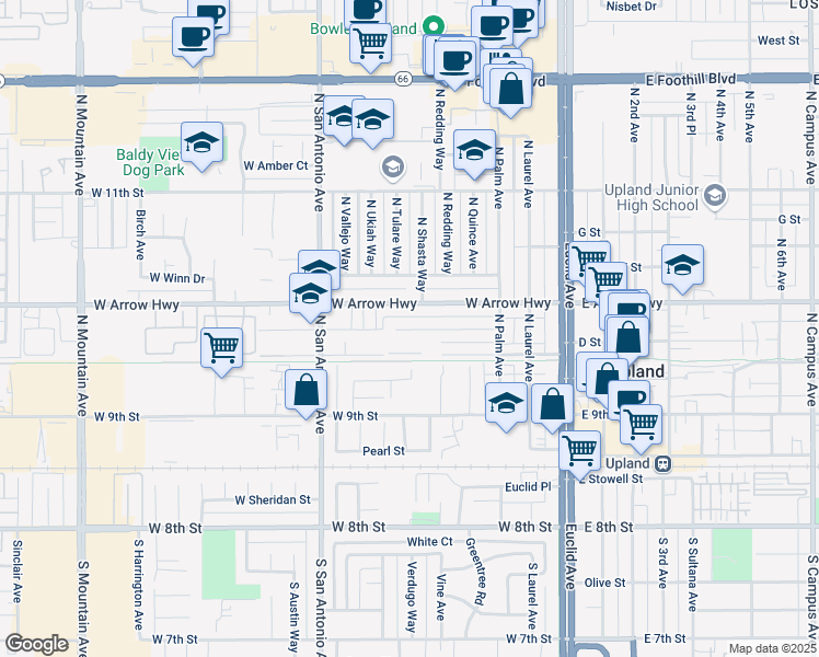 map of restaurants, bars, coffee shops, grocery stores, and more near 500 West Arrow Highway in Upland
