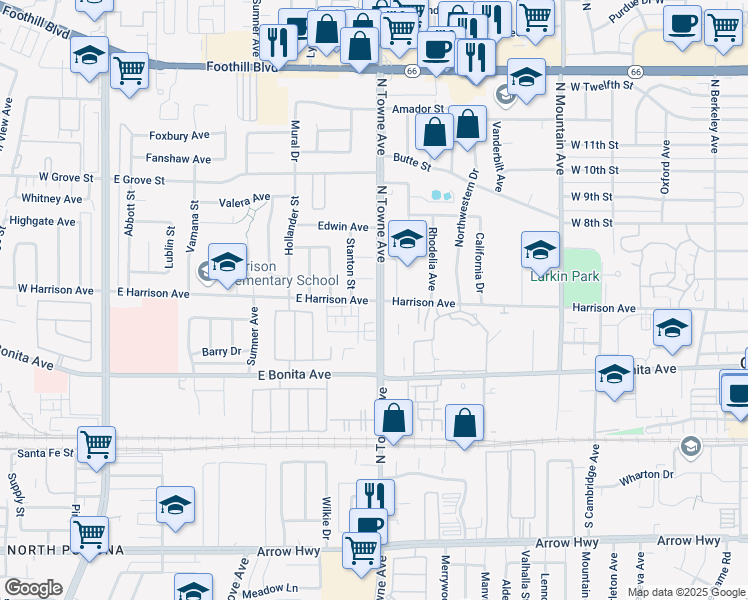 map of restaurants, bars, coffee shops, grocery stores, and more near in Pomona