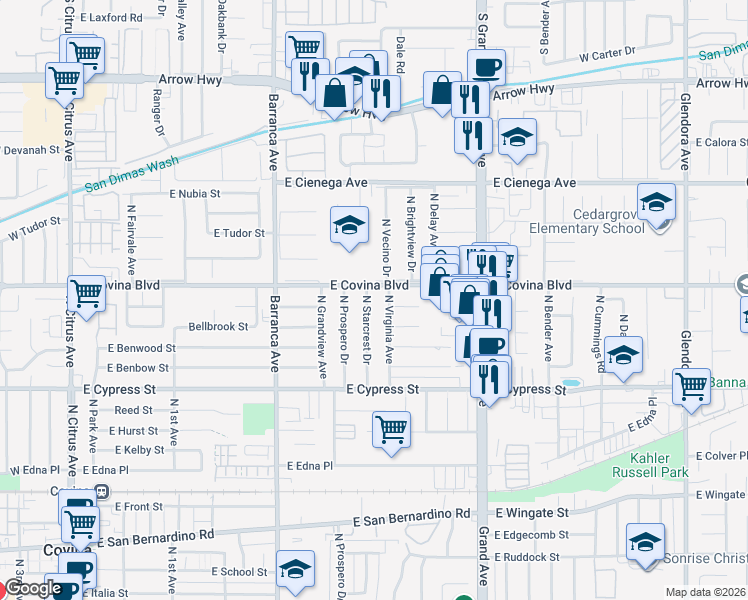 map of restaurants, bars, coffee shops, grocery stores, and more near 1079 North Starcrest Drive in Covina
