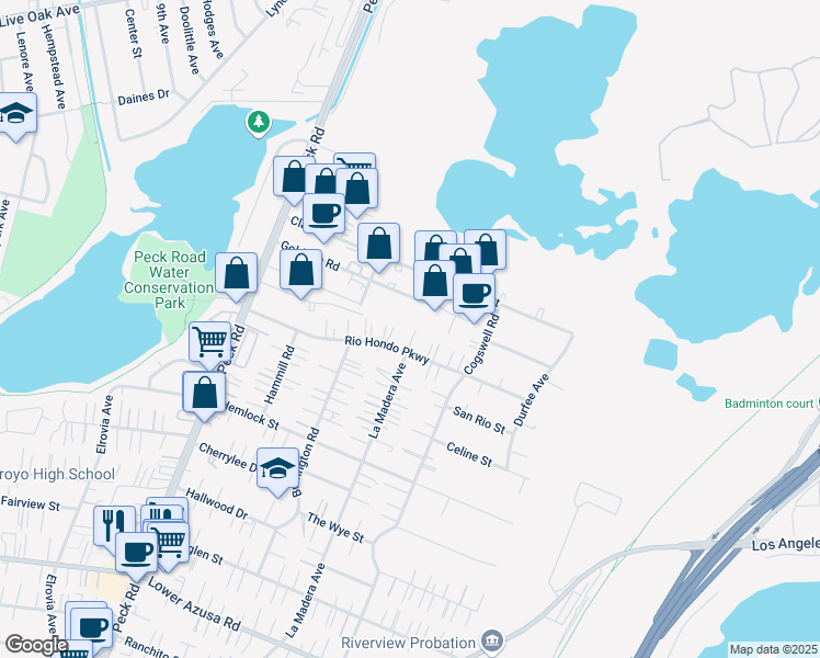 map of restaurants, bars, coffee shops, grocery stores, and more near 11877 Goldring Road in Arcadia