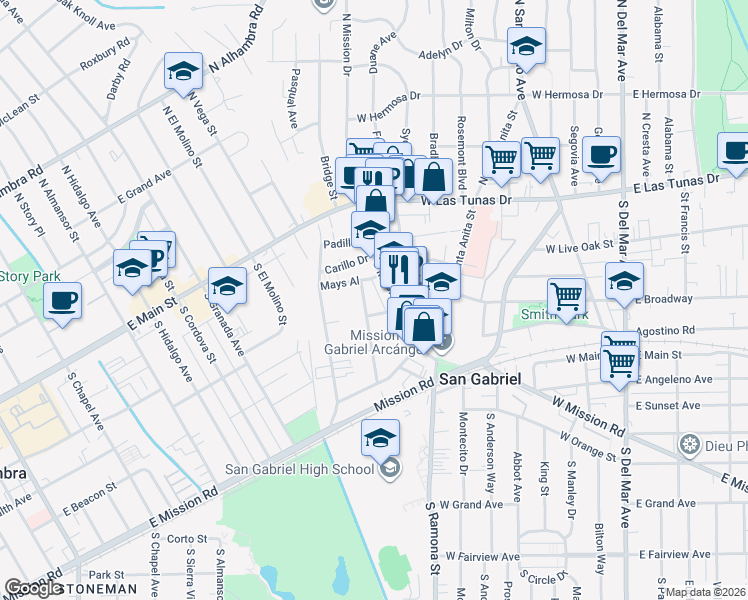 map of restaurants, bars, coffee shops, grocery stores, and more near 324 South Mission Drive in San Gabriel