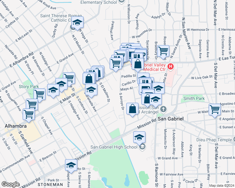 map of restaurants, bars, coffee shops, grocery stores, and more near 235 South Arroyo Drive in San Gabriel