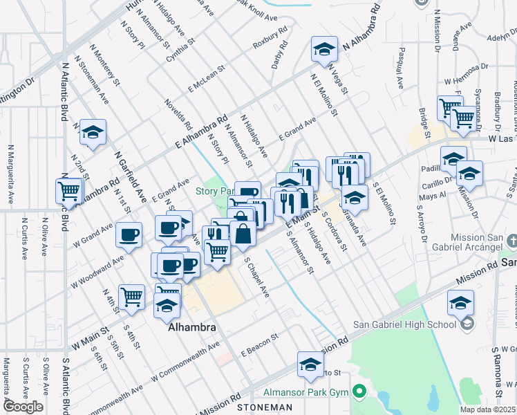map of restaurants, bars, coffee shops, grocery stores, and more near 118 North Almansor Street in Alhambra