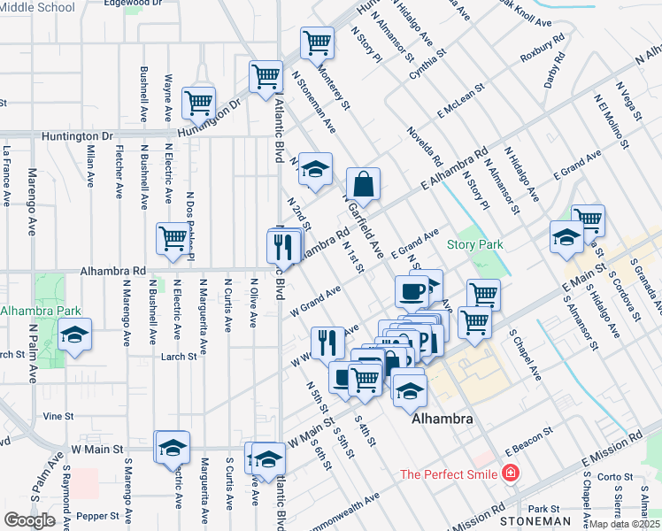 map of restaurants, bars, coffee shops, grocery stores, and more near 508 North 2nd Street in Alhambra