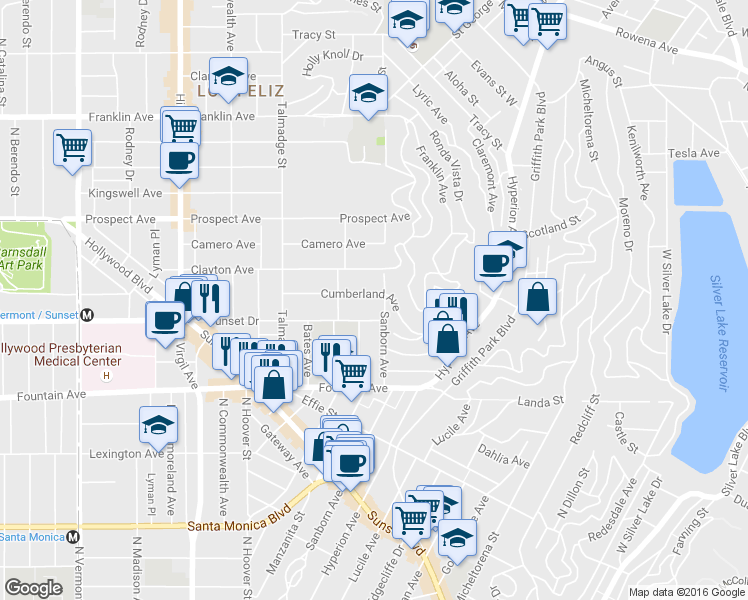 map of restaurants, bars, coffee shops, grocery stores, and more near 4021 Cumberland Avenue in Los Angeles