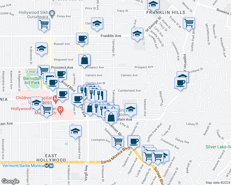map of restaurants, bars, coffee shops, grocery stores, and more near 4217 Cumberland Avenue in Los Angeles