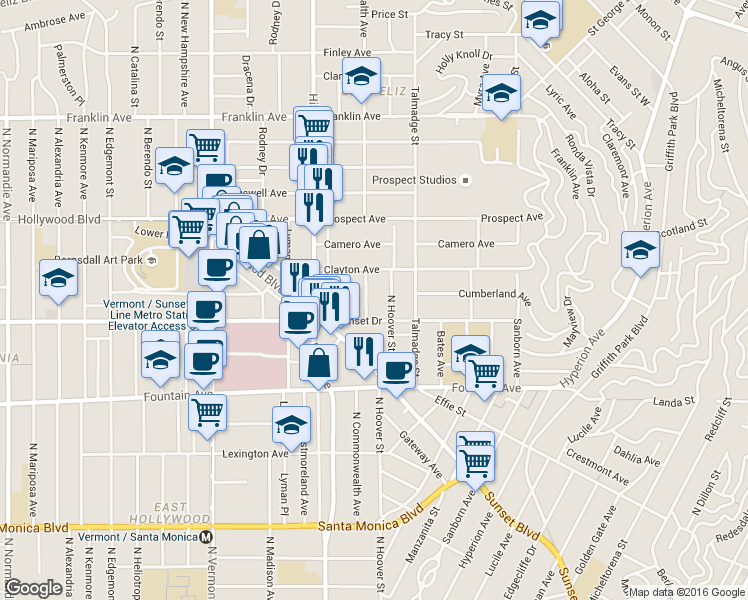 map of restaurants, bars, coffee shops, grocery stores, and more near 1547 North Commonwealth Avenue in Los Angeles