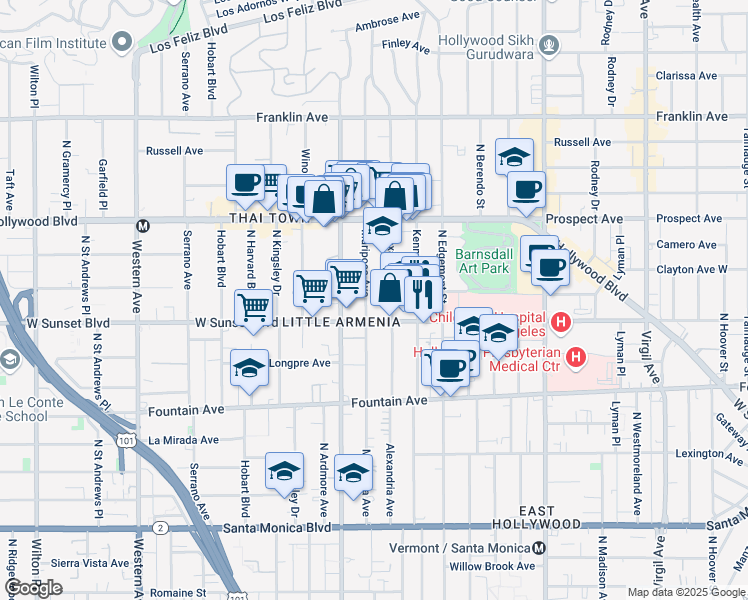 map of restaurants, bars, coffee shops, grocery stores, and more near 1542 North Mariposa Avenue in Los Angeles