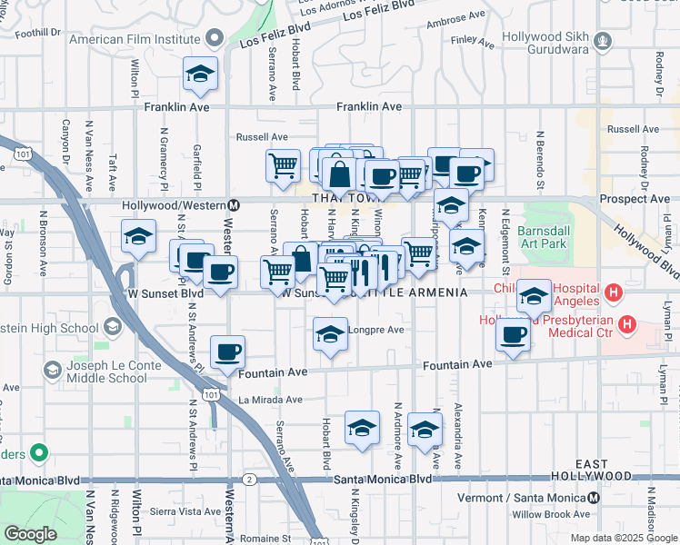 map of restaurants, bars, coffee shops, grocery stores, and more near 1543 North Kingsley Drive in Los Angeles
