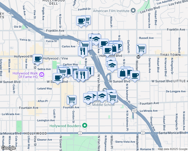 map of restaurants, bars, coffee shops, grocery stores, and more near 5831 Harold Way in Los Angeles