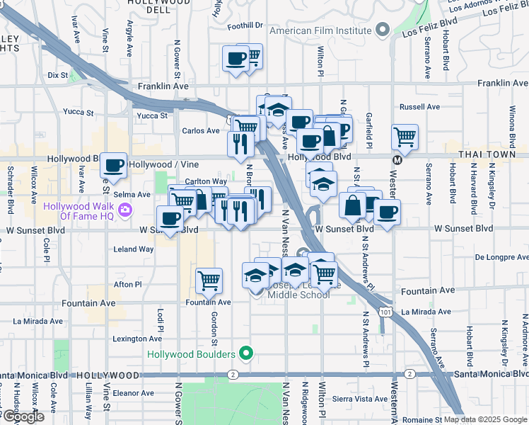 map of restaurants, bars, coffee shops, grocery stores, and more near 5831 Harold Way in Los Angeles