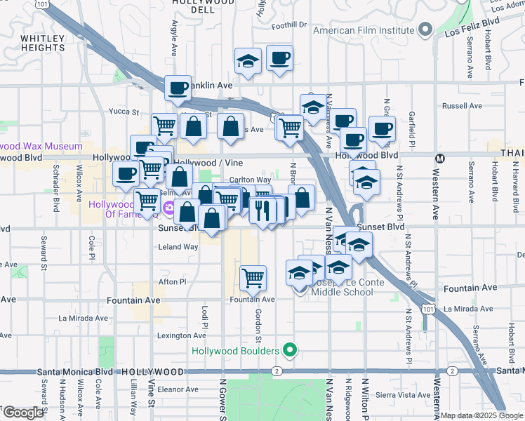 map of restaurants, bars, coffee shops, grocery stores, and more near 1545 Gordon Street in Los Angeles