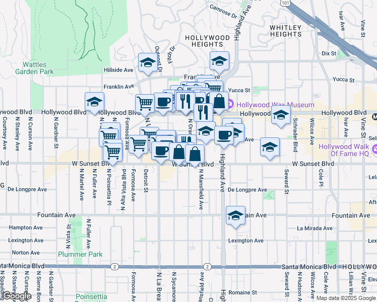 map of restaurants, bars, coffee shops, grocery stores, and more near 1530 North Orange Drive in Los Angeles
