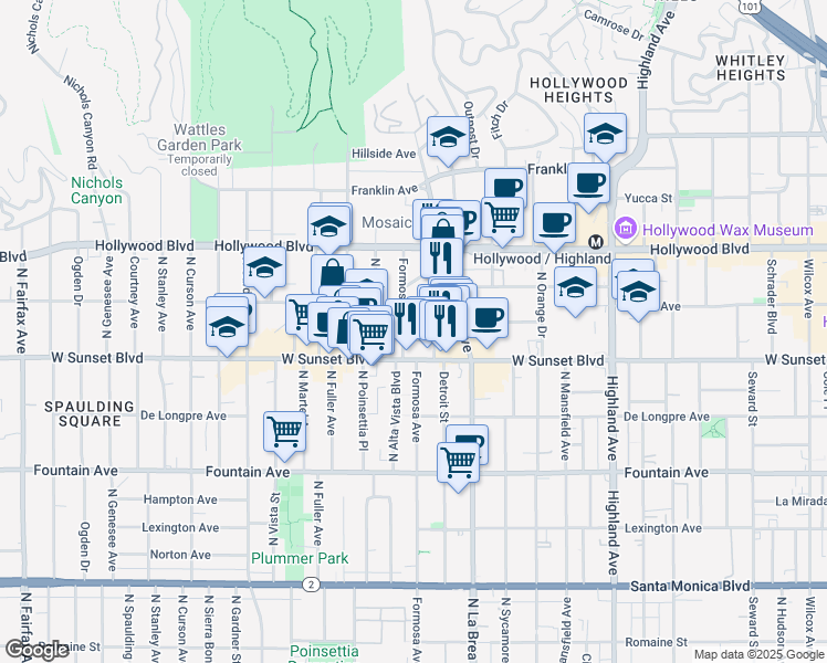 map of restaurants, bars, coffee shops, grocery stores, and more near 7202 Hawthorn Avenue in Los Angeles
