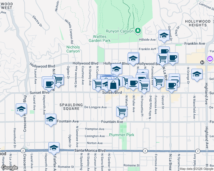 map of restaurants, bars, coffee shops, grocery stores, and more near 1545 North Gardner Street in Los Angeles