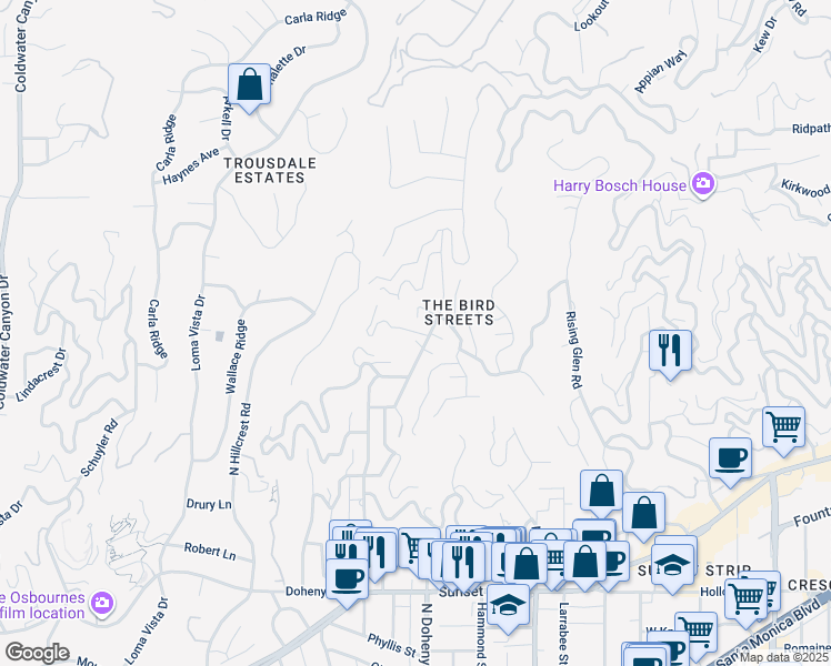 map of restaurants, bars, coffee shops, grocery stores, and more near 1523 3/8 North Doheny Drive in Los Angeles