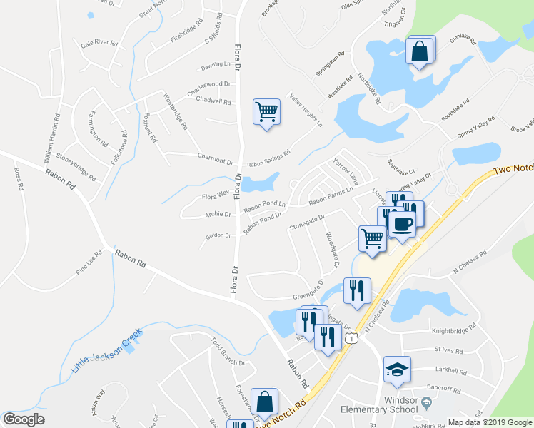map of restaurants, bars, coffee shops, grocery stores, and more near 1453 Rabon Pond Lane in Columbia
