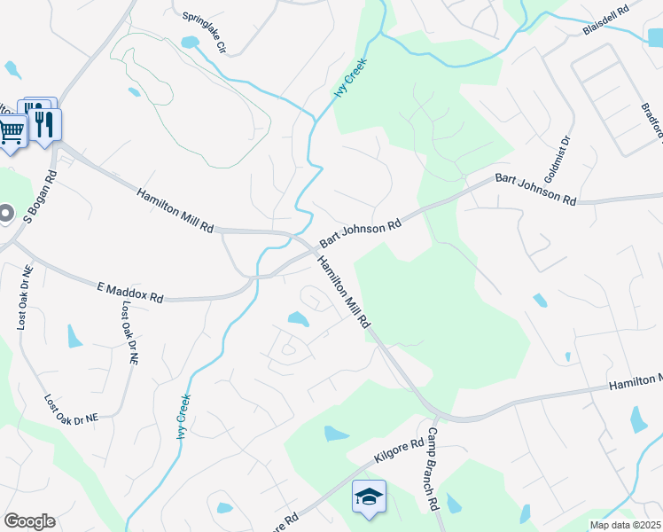 map of restaurants, bars, coffee shops, grocery stores, and more near 3735 Hamilton Mill Road in Buford
