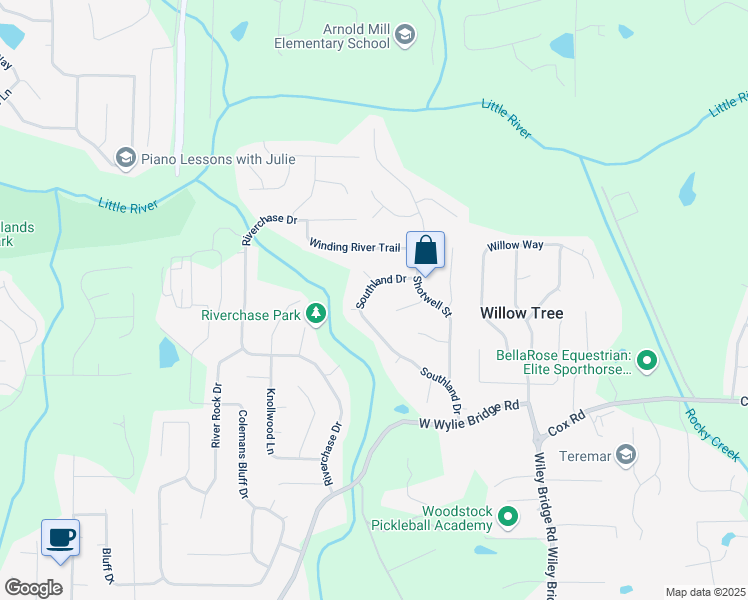 map of restaurants, bars, coffee shops, grocery stores, and more near 5042 Southland Drive in Woodstock