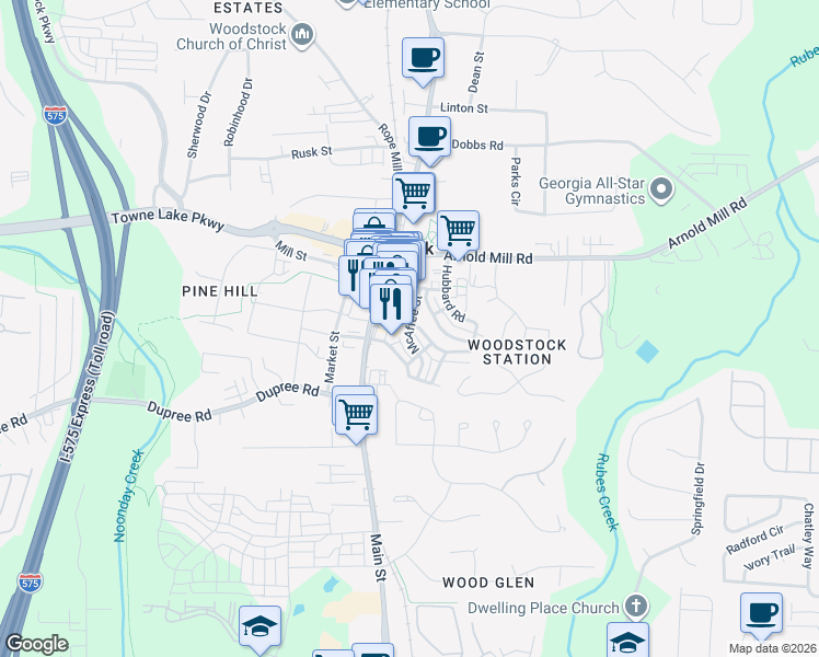 map of restaurants, bars, coffee shops, grocery stores, and more near 333 McAffee Street in Woodstock