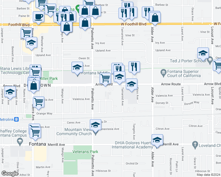 map of restaurants, bars, coffee shops, grocery stores, and more near in Fontana