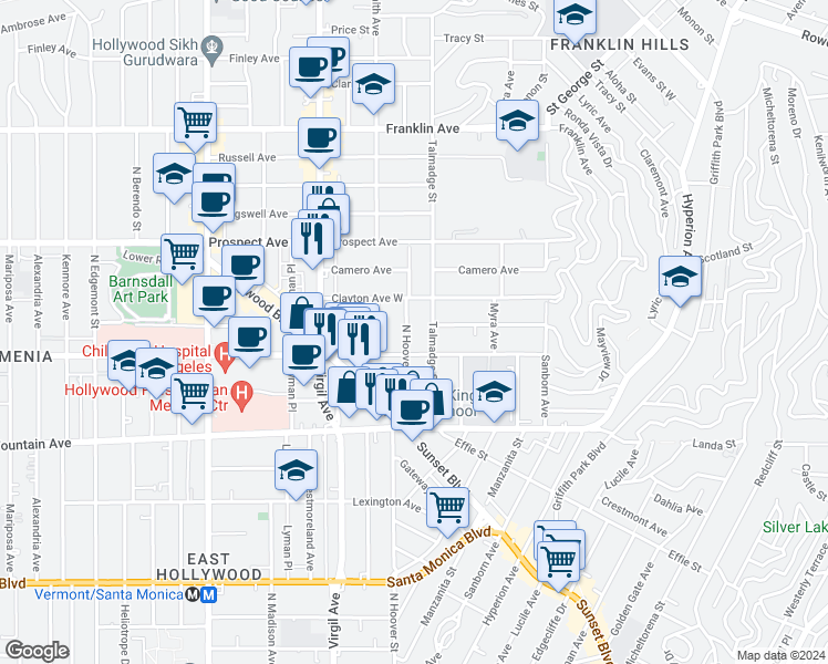 map of restaurants, bars, coffee shops, grocery stores, and more near 1522 Hoover Street in Los Angeles