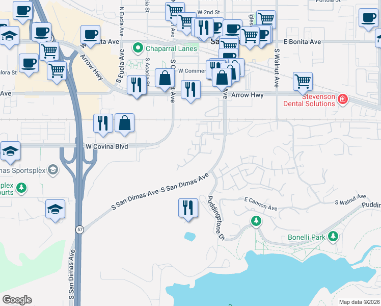 map of restaurants, bars, coffee shops, grocery stores, and more near 626 Santa Paula Court in San Dimas