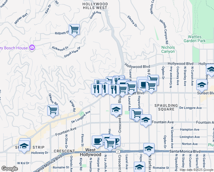map of restaurants, bars, coffee shops, grocery stores, and more near 8221 Monteel Road in Los Angeles