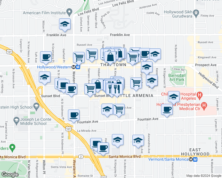 map of restaurants, bars, coffee shops, grocery stores, and more near 1522 North Harvard Boulevard in Los Angeles