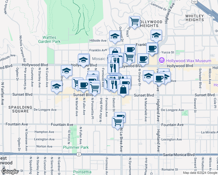 map of restaurants, bars, coffee shops, grocery stores, and more near 1531 Detroit Street in Los Angeles