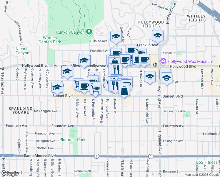 map of restaurants, bars, coffee shops, grocery stores, and more near 1531 Detroit Street in Los Angeles