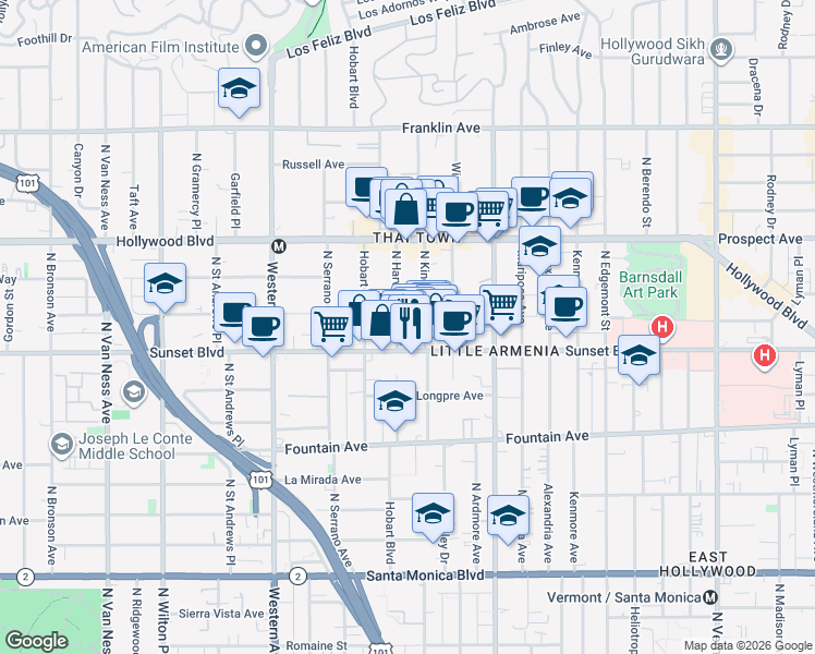 map of restaurants, bars, coffee shops, grocery stores, and more near 1522 North Harvard Boulevard in Los Angeles