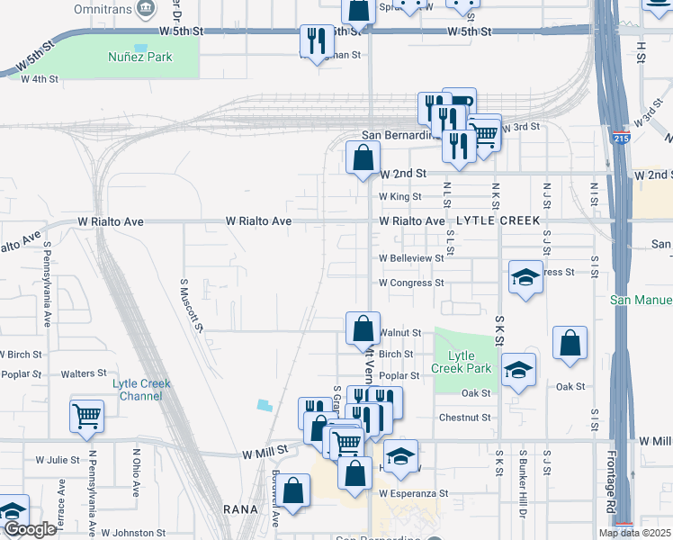 map of restaurants, bars, coffee shops, grocery stores, and more near 1354 West Congress Street in San Bernardino