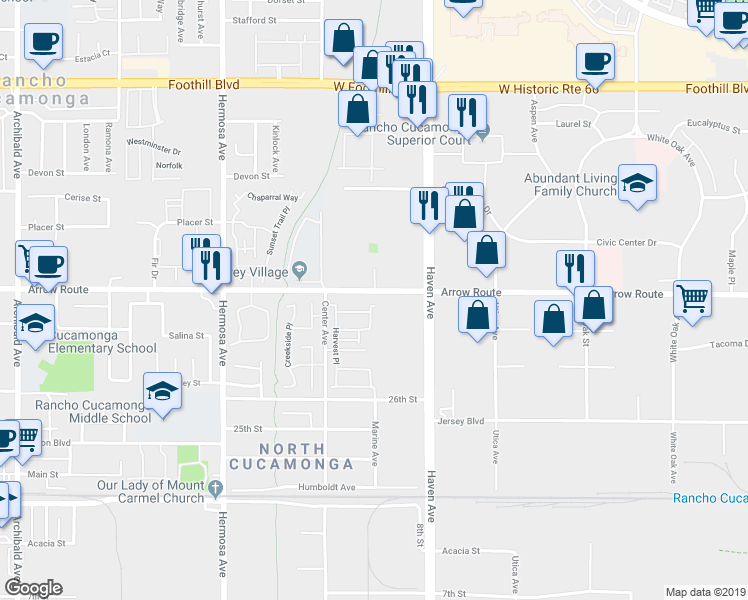 map of restaurants, bars, coffee shops, grocery stores, and more near 10382 Sparkling Drive in Rancho Cucamonga