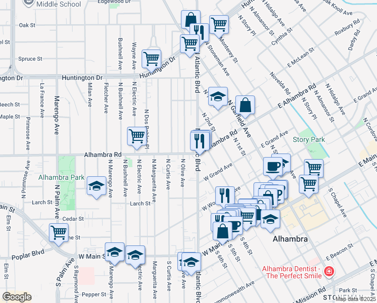 map of restaurants, bars, coffee shops, grocery stores, and more near 616 North Olive Avenue in Alhambra