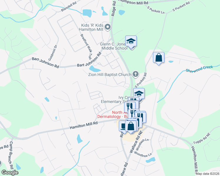 map of restaurants, bars, coffee shops, grocery stores, and more near 3325 Pebble Ridge Lane in Buford