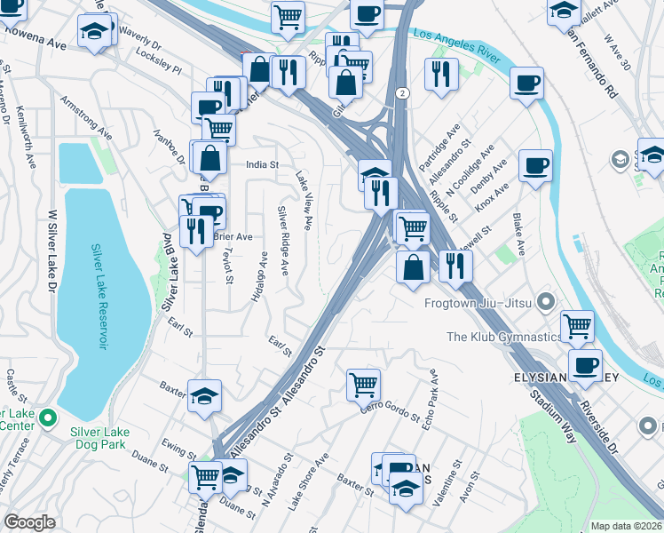 map of restaurants, bars, coffee shops, grocery stores, and more near 2610 Corralitas Drive in Los Angeles