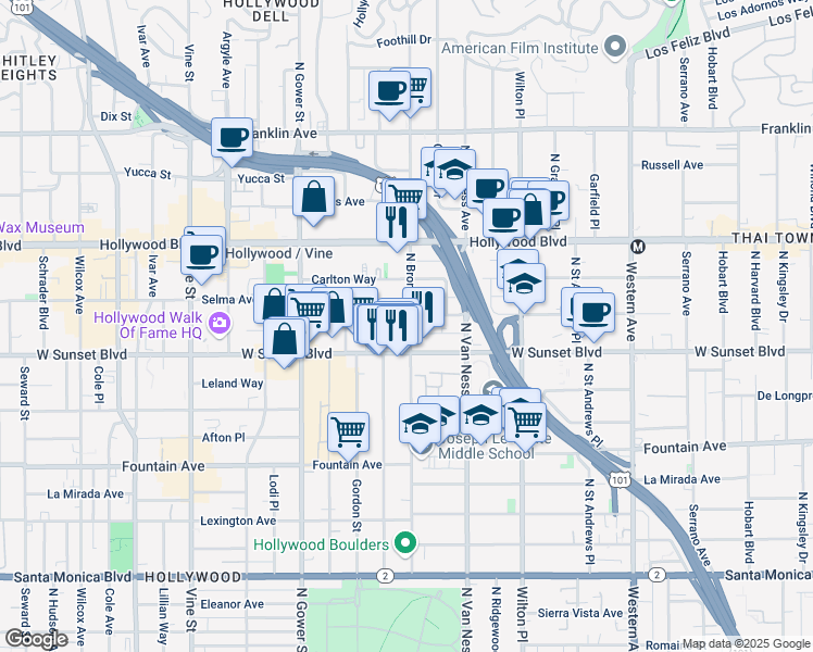 map of restaurants, bars, coffee shops, grocery stores, and more near 1527 North Bronson Avenue in Los Angeles