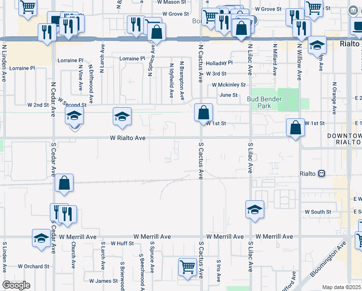 map of restaurants, bars, coffee shops, grocery stores, and more near 785 West Rialto Avenue in Rialto