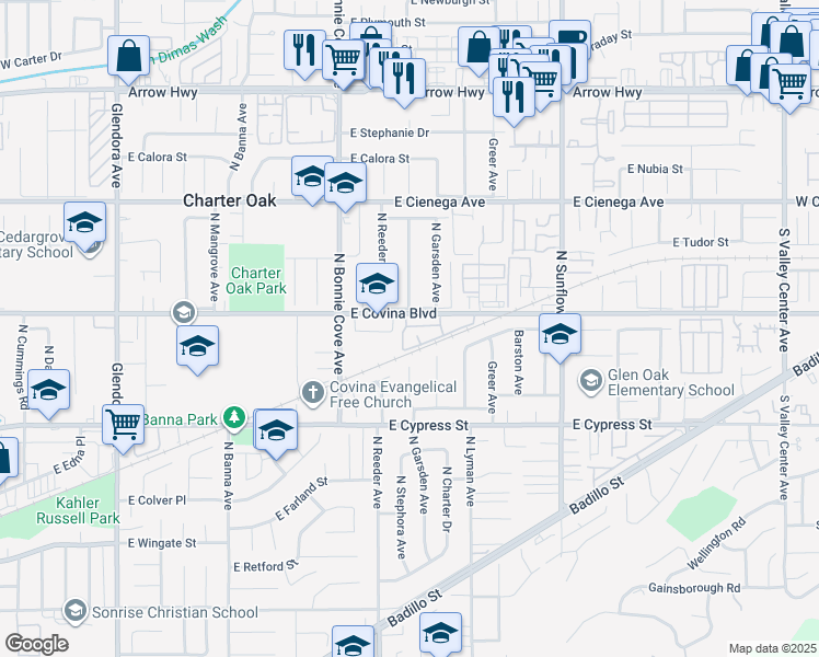map of restaurants, bars, coffee shops, grocery stores, and more near 1900 East Covina Boulevard in Covina