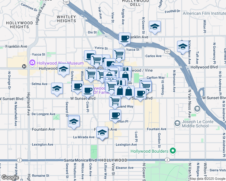map of restaurants, bars, coffee shops, grocery stores, and more near 1541 Vine Street in Los Angeles